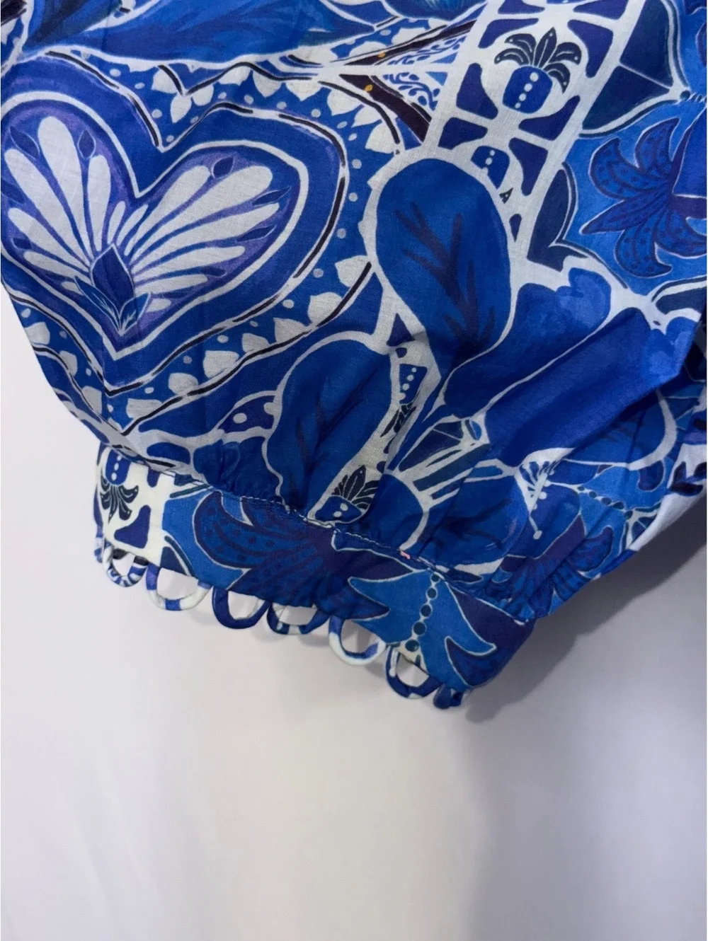 FARM Rio Blue Motif Puff Sleeve Peplum Top XL NWT